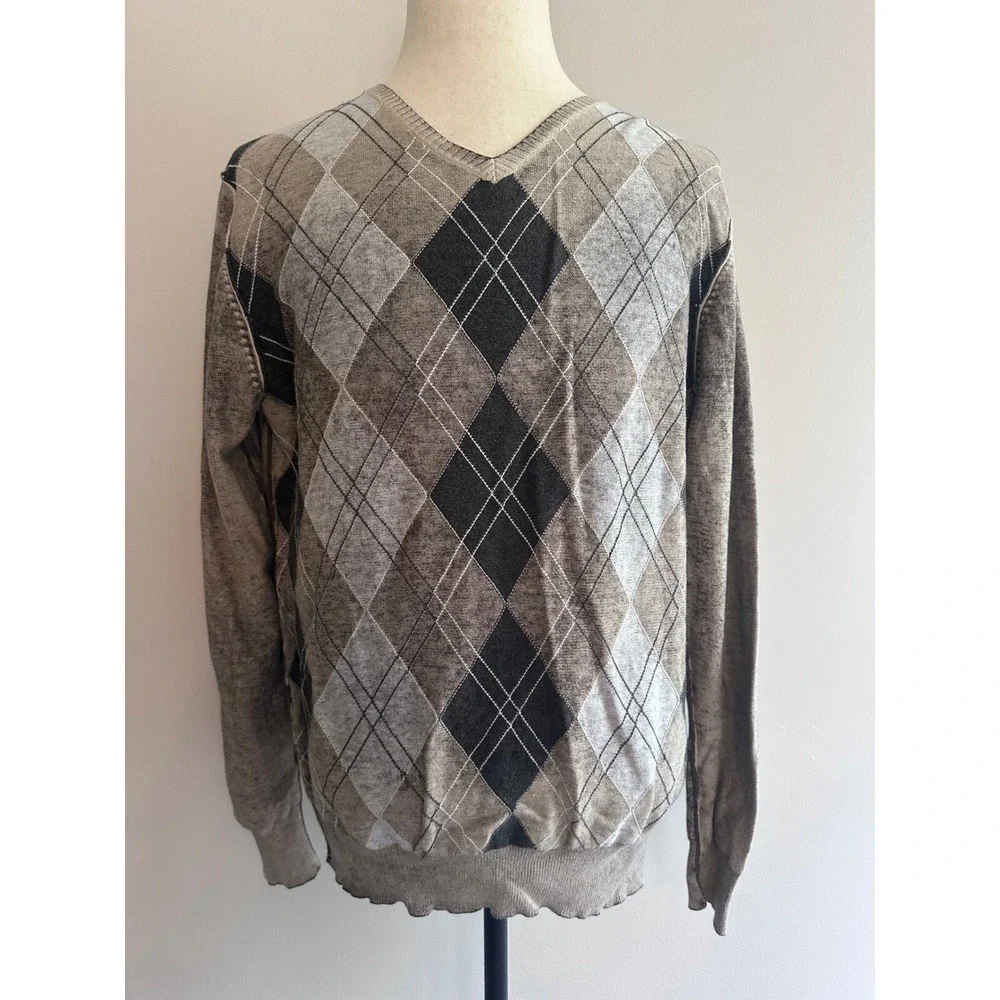BKE Argyle V-Neck Sweater Pullover Brown‎ Black Gray Casual Long Sleeve